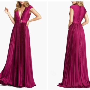 MAC DUGGAL 26285 PLEATED PLUNGE NECK BELTED SATIN RASPBERRY GOWN sz 8